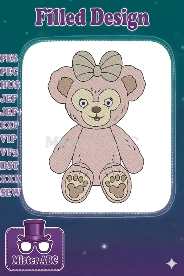 Close-up of a charming ShellieMay-inspired pink teddy bear embroidery design with a beige bow, showcasing fine details.
