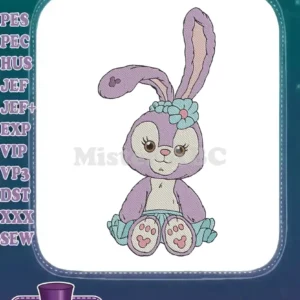 Adorable StellaLou embroidery design, a sitting purple rabbit with long ears and a blue floral headpiece.