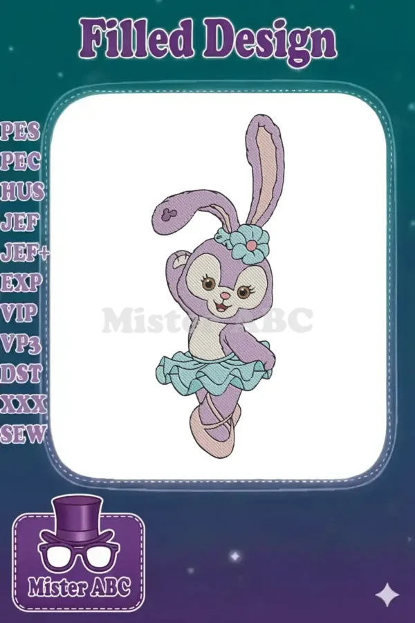 A vibrant embroidery of StellaLou, the purple bunny, in a graceful ballet pose, wearing a blue tutu and pink shoes.