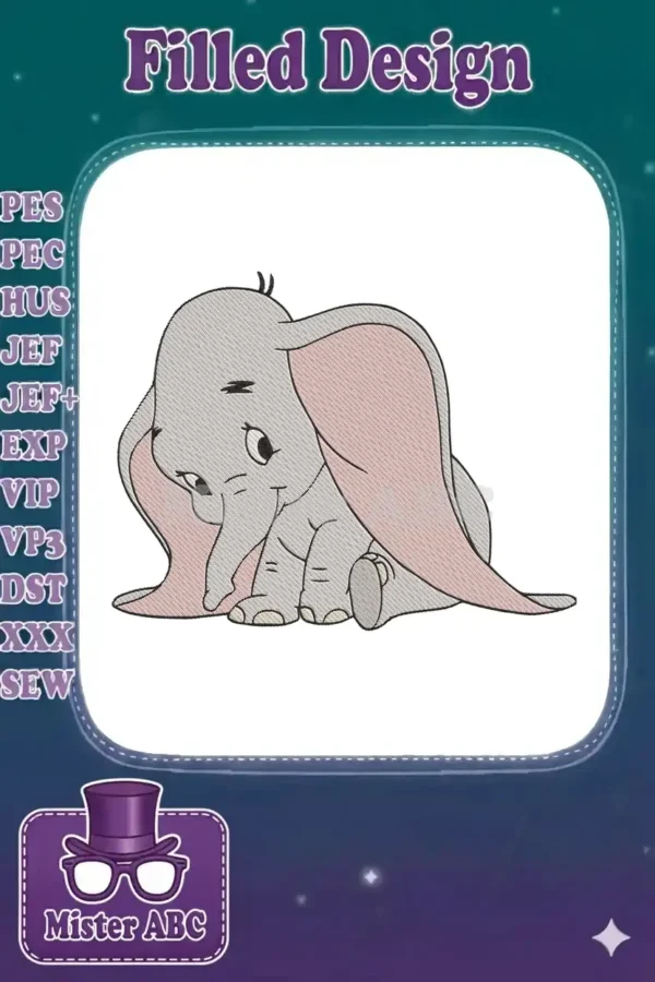 An endearing Dumbo baby elephant embroidery design, featuring large ears and a gentle expression, ideal for apparel.