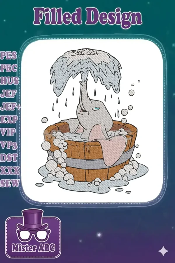Charming Dumbo embroidery design featuring the beloved elephant happily bathing in a wooden tub with playful bubbles.