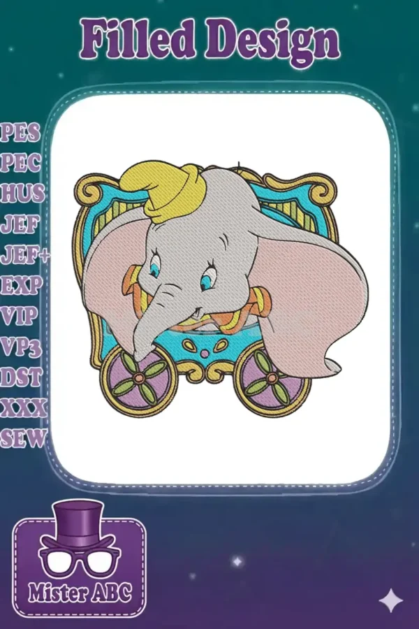 Close-up of a charming Dumbo embroidery design, featuring the baby elephant in a colorful circus wagon.