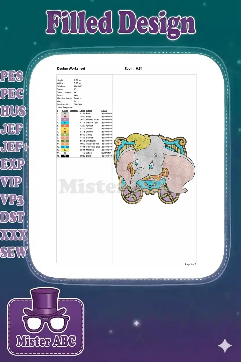 Embroidery design worksheet detailing Dumbo's stitch count, dimensions, color sequence, and machine compatibility.