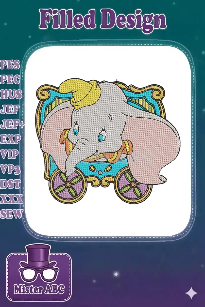Close-up of a charming Dumbo embroidery design, featuring the baby elephant in a colorful circus wagon.