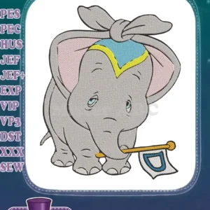 Adorable Dumbo embroidery design featuring the beloved elephant wearing his circus cap and holding a parade flag.