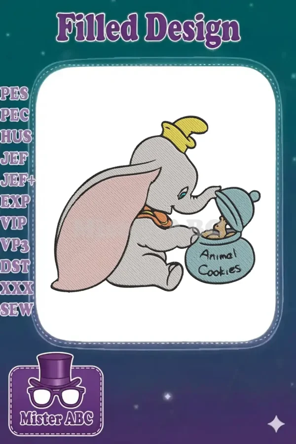 A delightful Dumbo embroidery design, featuring the iconic elephant reaching into a jar of 'Animal Cookies'.