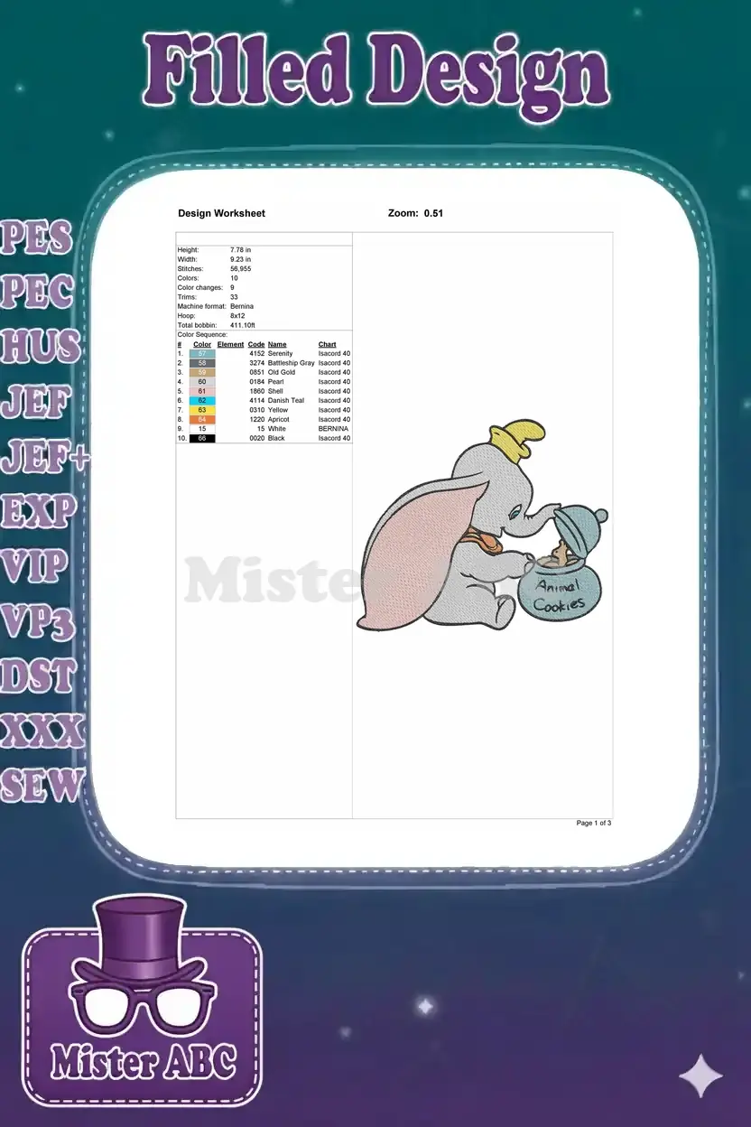 Embroidery design worksheet detailing dimensions, stitch count, color sequence, and machine compatibility for Dumbo.