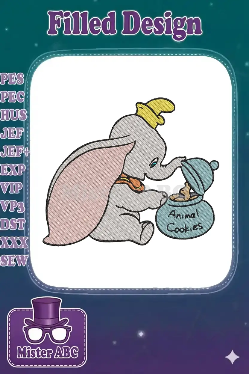 A delightful Dumbo embroidery design, featuring the iconic elephant reaching into a jar of 'Animal Cookies'.