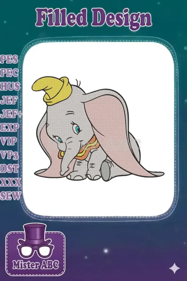 Adorable Dumbo machine embroidery design, featuring the beloved flying elephant with his signature yellow hat.