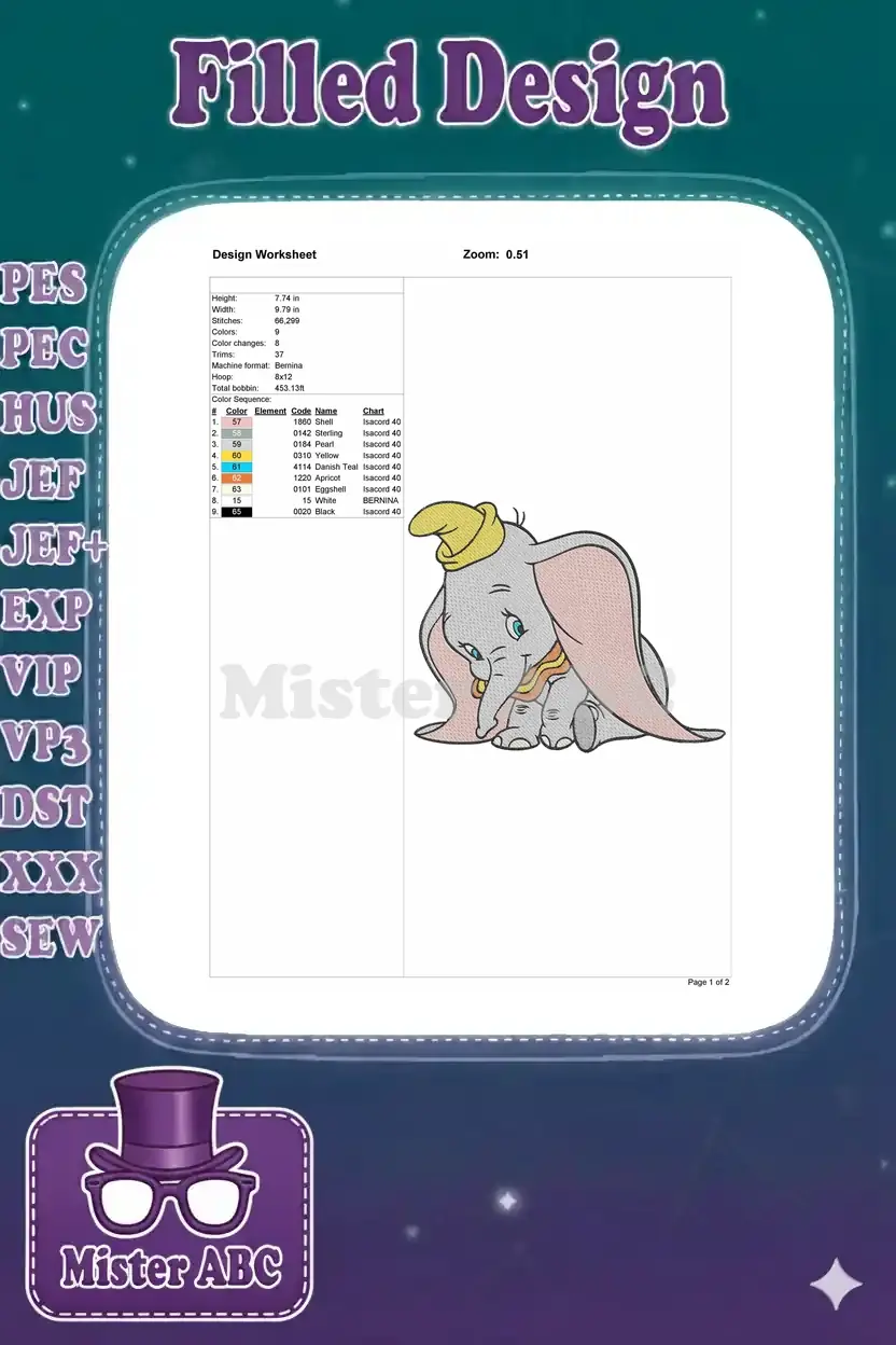 Embroidery design worksheet for Dumbo, detailing dimensions, stitch count, color sequence, and machine info.