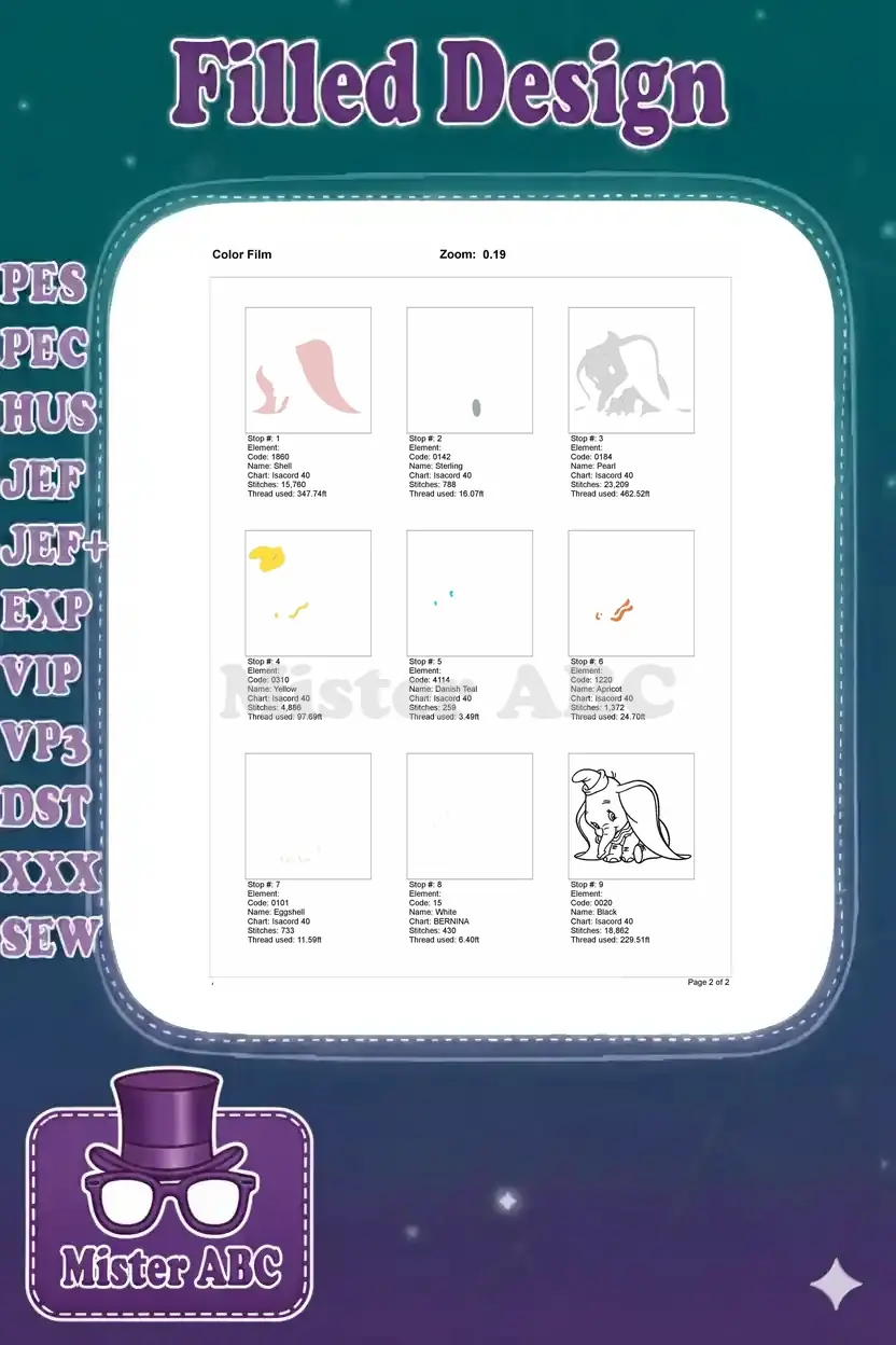 Color film breakdown of the Dumbo embroidery design, showing individual stitch elements and thread changes.