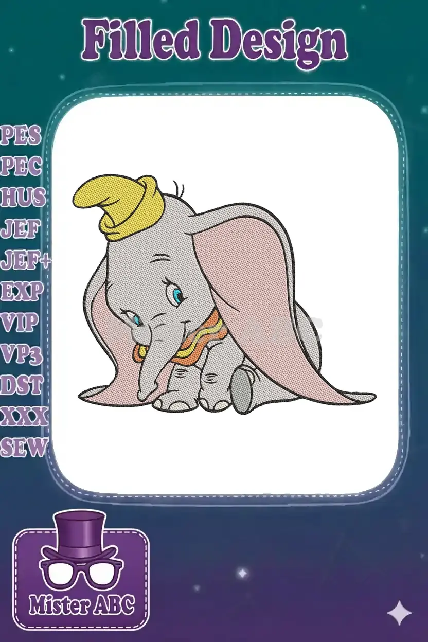 Adorable Dumbo machine embroidery design, featuring the beloved flying elephant with his signature yellow hat.