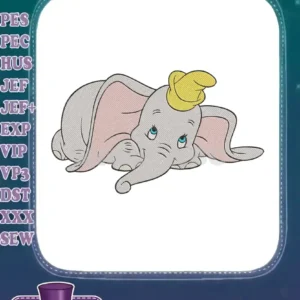 A lovable Dumbo embroidery design, featuring the baby elephant with his large ears and iconic yellow hat, in a friendly pose.