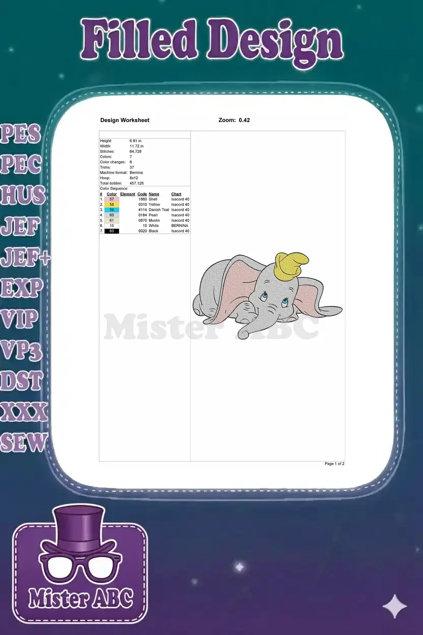 Embroidery design worksheet for Dumbo, detailing dimensions, stitch count, thread colors, and machine compatibility.