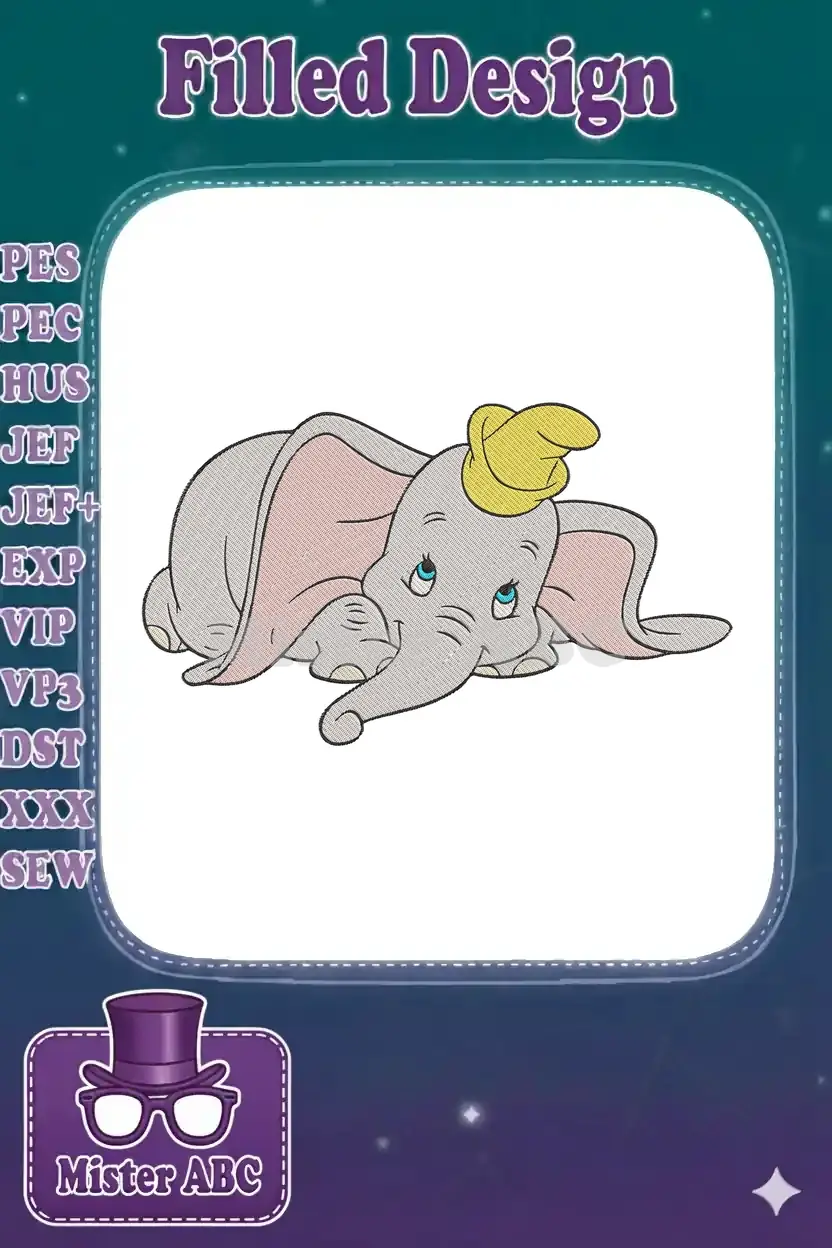 A lovable Dumbo embroidery design, featuring the baby elephant with his large ears and iconic yellow hat, in a friendly pose.