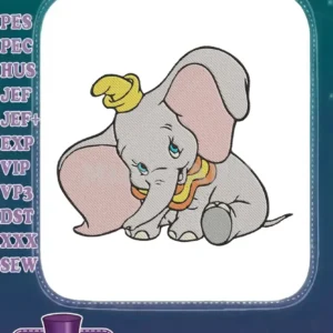 A charming Dumbo embroidery design featuring the beloved elephant sitting, with his yellow hat and pink ears.