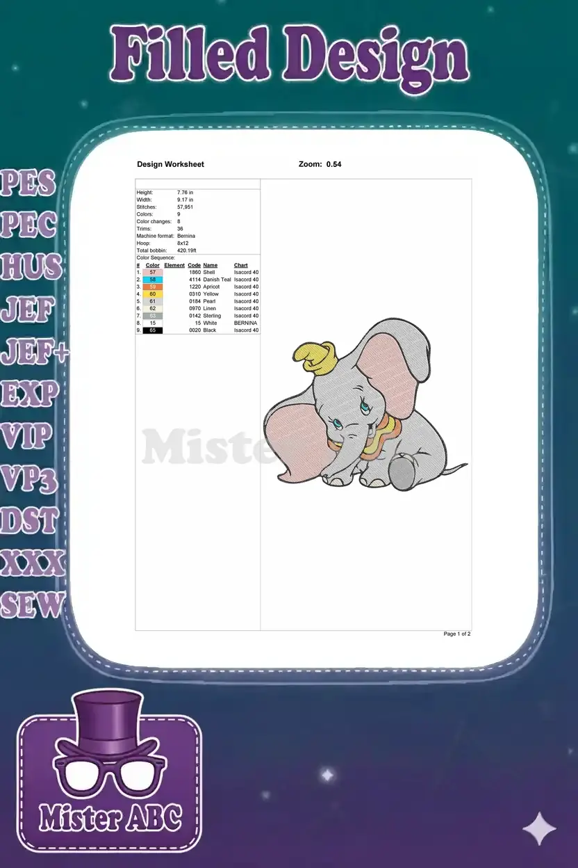 Embroidery design worksheet for Dumbo, detailing dimensions, stitch count, thread colors, and machine compatibility.