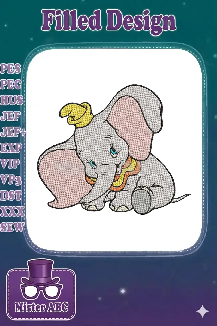 A charming Dumbo embroidery design featuring the beloved elephant sitting, with his yellow hat and pink ears.