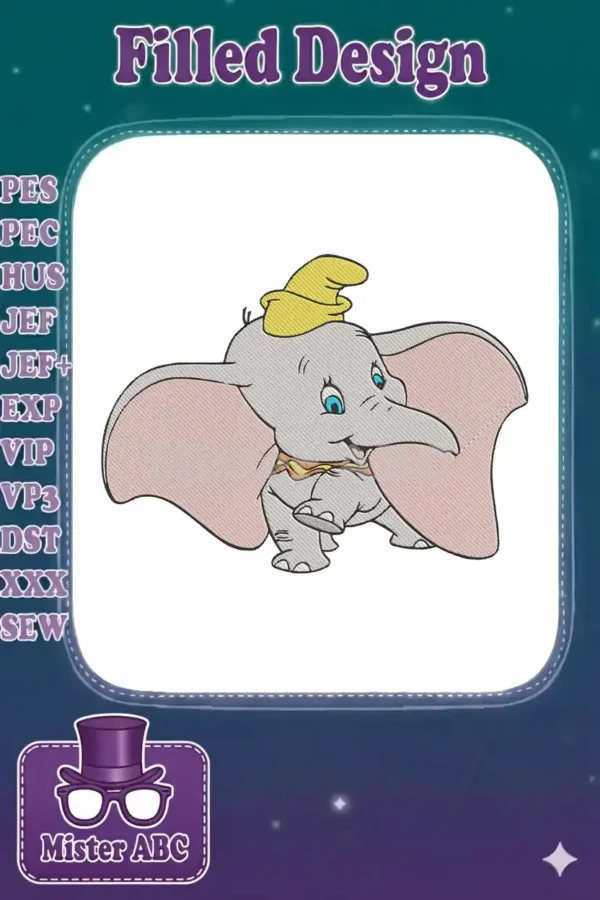 A charming Dumbo embroidery design, featuring the beloved elephant with his iconic yellow hat and large ears.