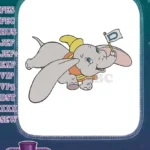 Adorable Dumbo flying elephant holding D flag embroidery designs - Instant Download