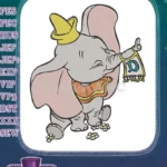 Adorable Dumbo baby elephant holding banner embroidery designs with flowers - Instant Download