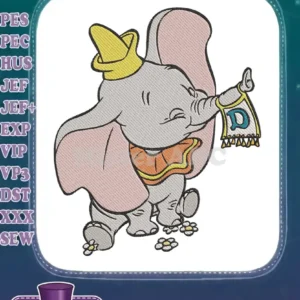 Full color embroidery design of Disney's Dumbo, the flying elephant, holding a banner with a 'D'.