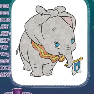 Adorable Dumbo machine embroidery design featuring the iconic elephant with a bow and flag, ready for stitching.