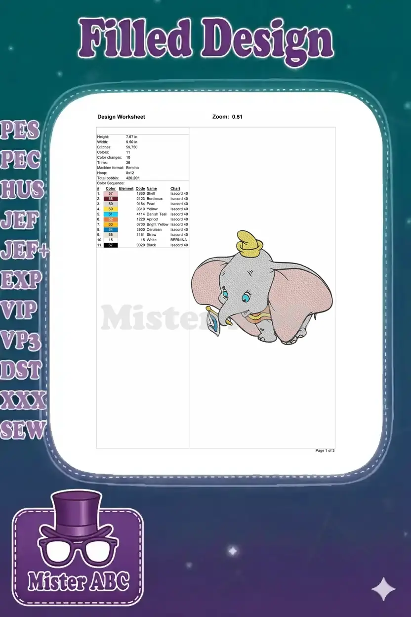 Dumbo embroidery design worksheet, detailing dimensions, stitch count, color sequence, and thread types.