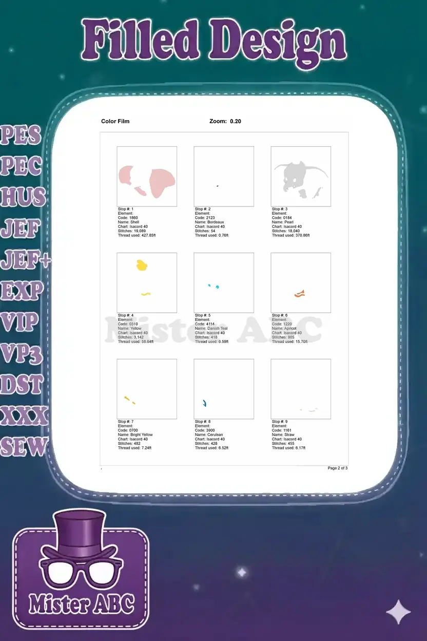 First page of the Dumbo embroidery color film, showing individual stitch elements for the initial colors.
