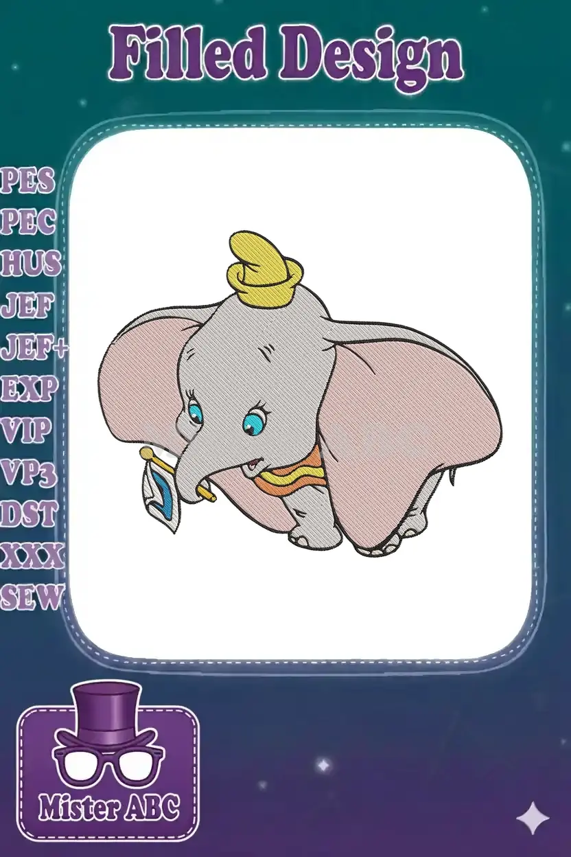 A delightful Dumbo embroidery design, featuring the adorable flying elephant with his yellow hat and red ruffle.