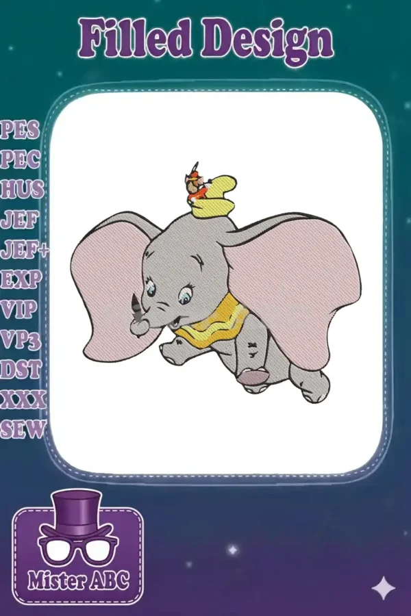A vibrant embroidery design of Dumbo the flying elephant with Timothy Q. Mouse on his hat, ready for your projects.