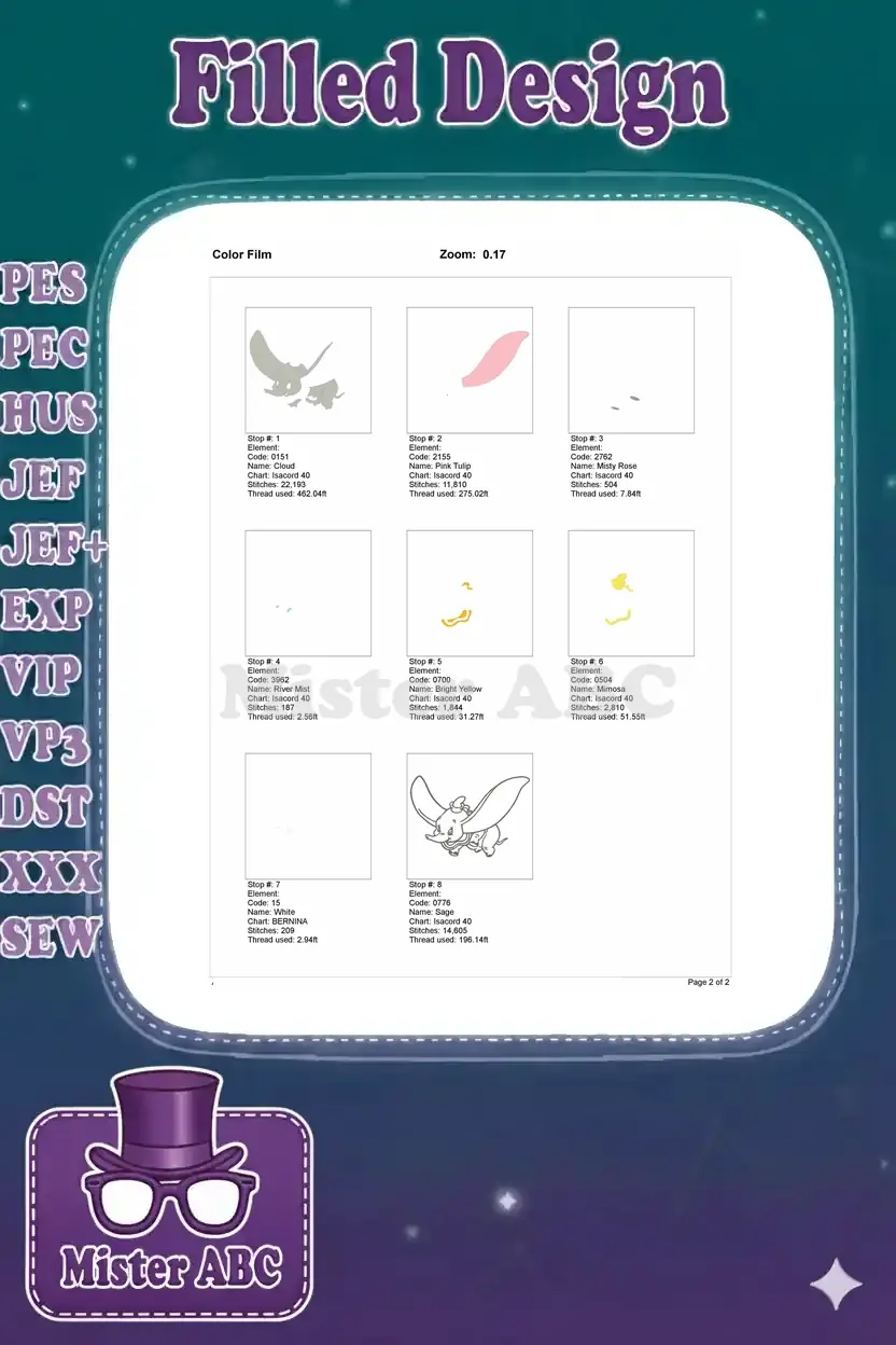 Color film breakdown for the Dumbo embroidery design, showing each of the 8 color layers and their stitch details.