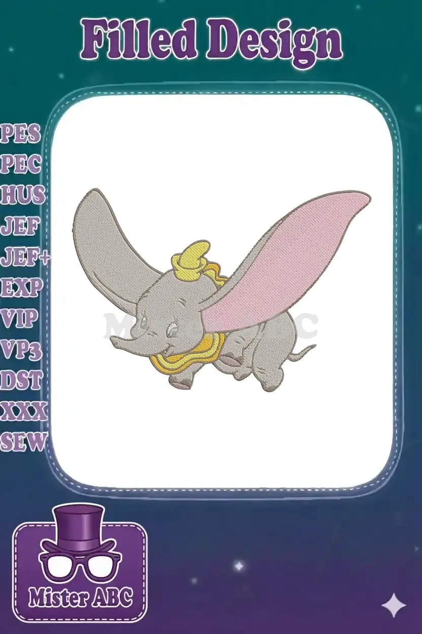 Charming Dumbo flying embroidery design featuring his iconic large pink ears, yellow hat, and cheerful expression.