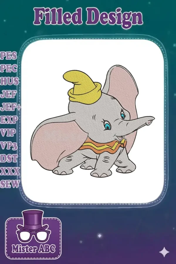 Dumbo embroidery design, a classic Disney character with his iconic yellow hat and orange ruffle, detailed stitching.