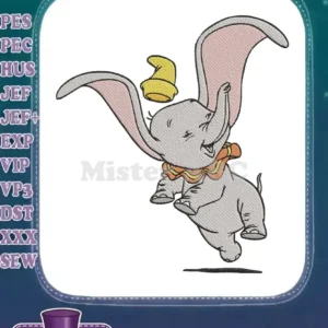 Detailed embroidery of Dumbo the flying elephant, captured mid-flight with his signature yellow hat.
