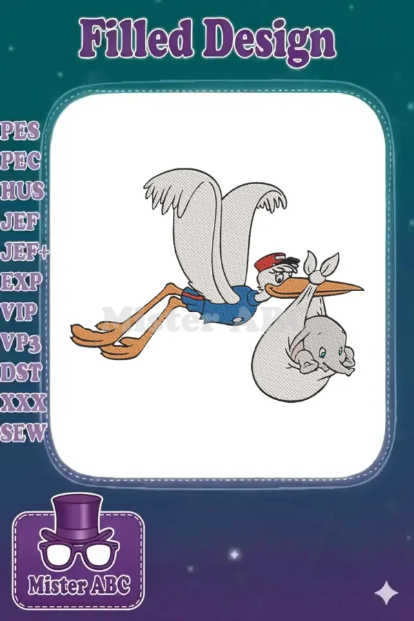 Embroidered design of Mr. Stork from Dumbo carrying baby Dumbo in a sling, detailed for apparel and gifts.