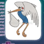 Funny stork in blue overalls delivering newborn baby embroidery designs - Instant Download