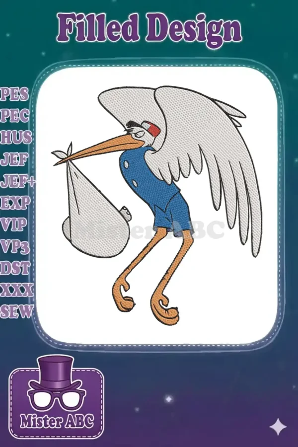 A charming cartoon stork in blue overalls and a red cap, mid-flight, delivering a baby in a white bundle.