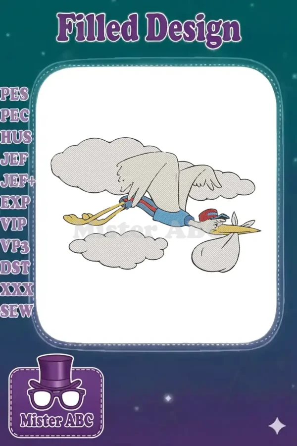 Embroidered stork in flight, wearing a hat and carrying a baby bundle amidst soft clouds, a joyful design.