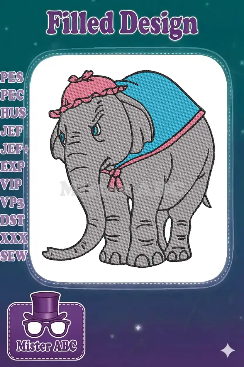 Embroidery design of a grumpy cartoon elephant with a pink bonnet and blue shawl, isolated on white.