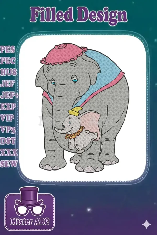 Embroidered design of Mrs. Jumbo cradling baby Dumbo, showcasing their loving bond in vibrant detail.