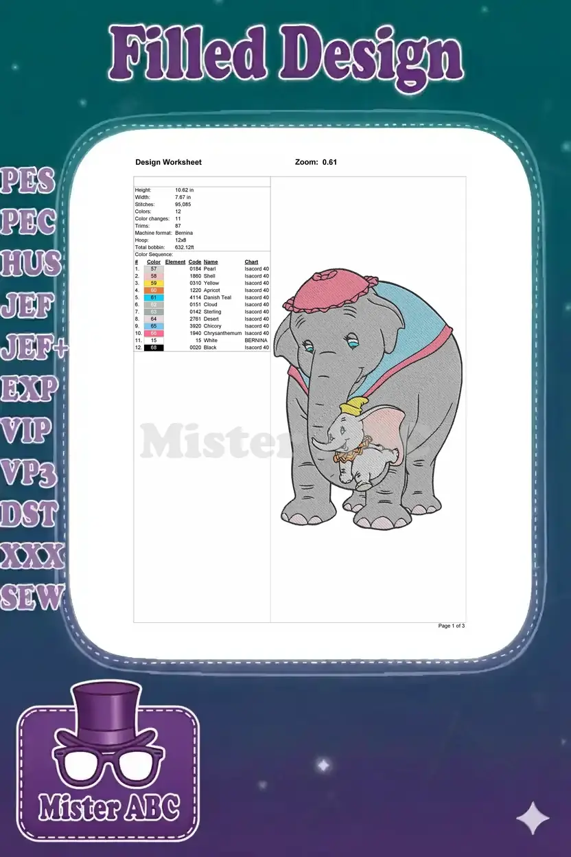 Embroidery design worksheet detailing stitch count, dimensions, color sequence, and machine specifications.