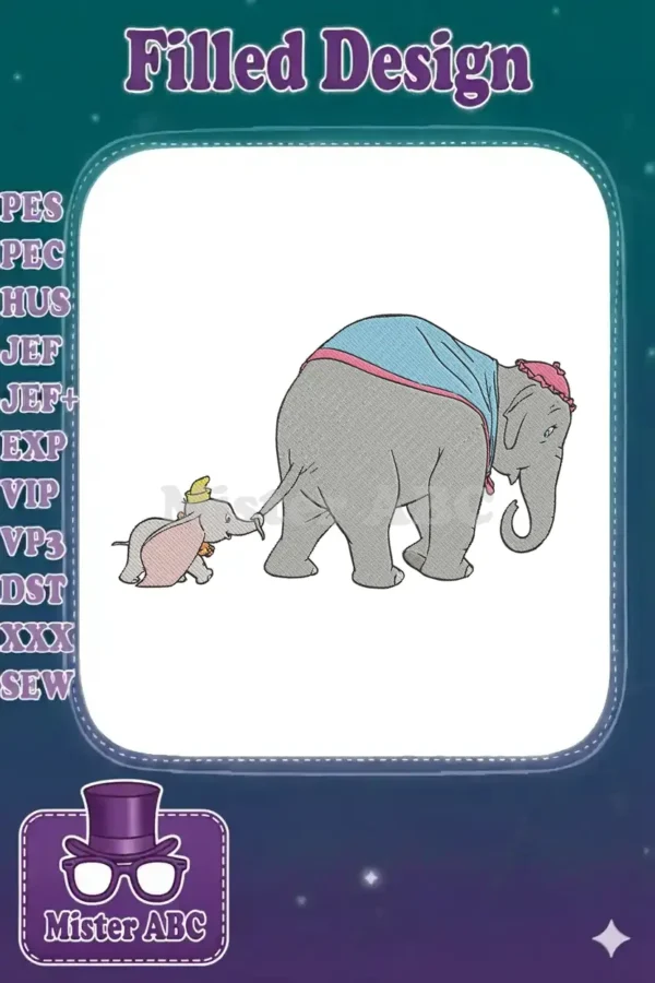 Dumbo holding his mother's tail, a heartwarming embroidery design in a classic fill stitch, showing their bond.