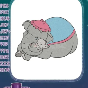Adorable Mrs. Jumbo embracing baby Dumbo, a heartwarming Disney-inspired embroidery design with vibrant colors and detail.