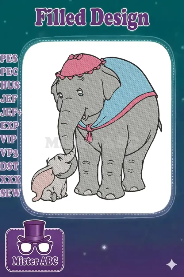 Embroidered design of Mrs. Jumbo in a pink hat and blue blanket, with baby Dumbo touching her trunk.