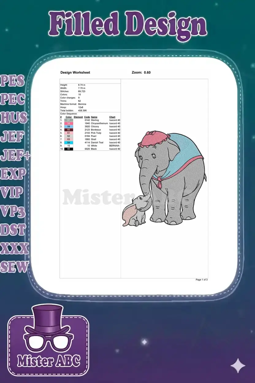 Embroidery design worksheet detailing dimensions, stitch count, color sequence, and recommended thread types.