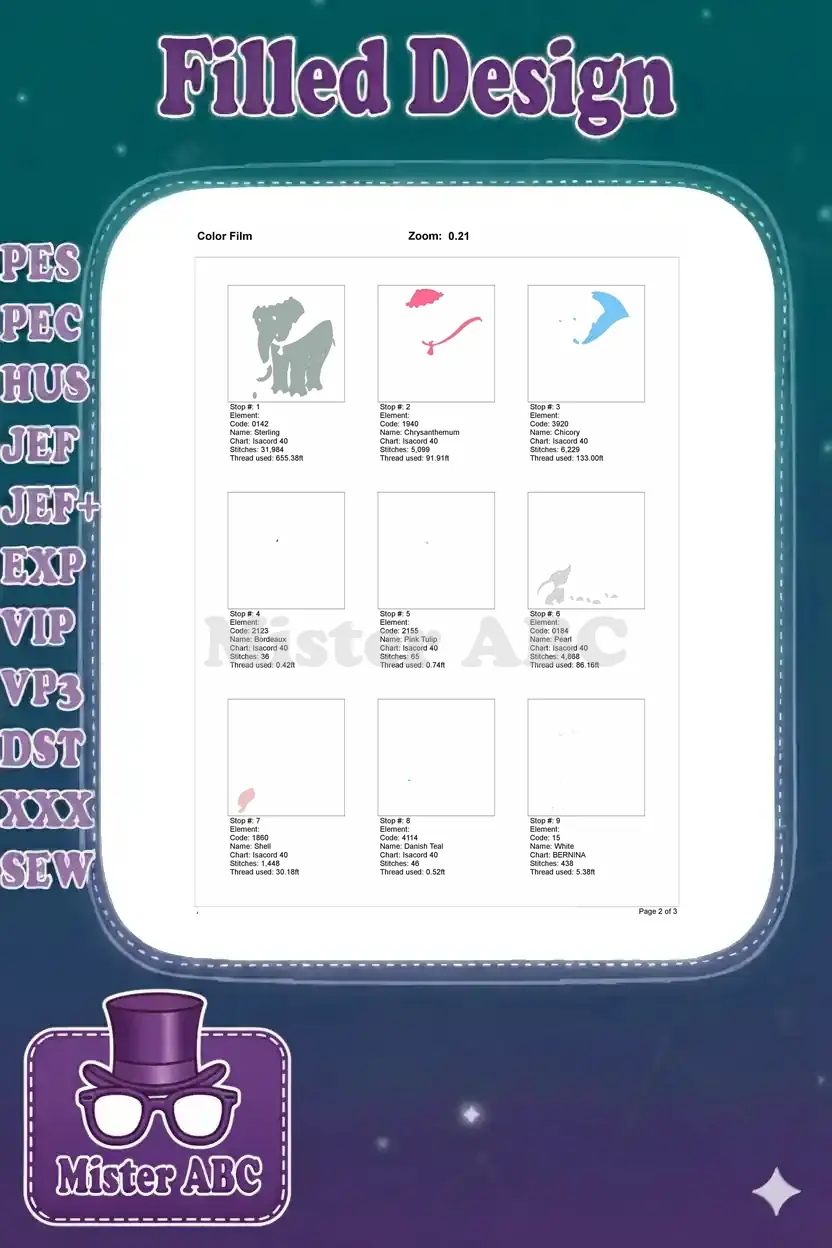 Color film breakdown showing the first nine stops of the Dumbo embroidery design, detailing thread changes.