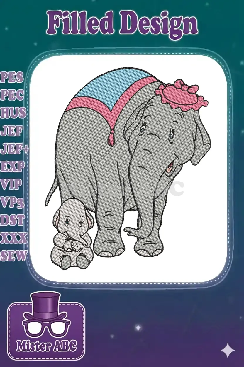 Embroidered design of Mrs. Jumbo in a hat and saddle, tenderly standing beside a sitting baby Dumbo elephant.