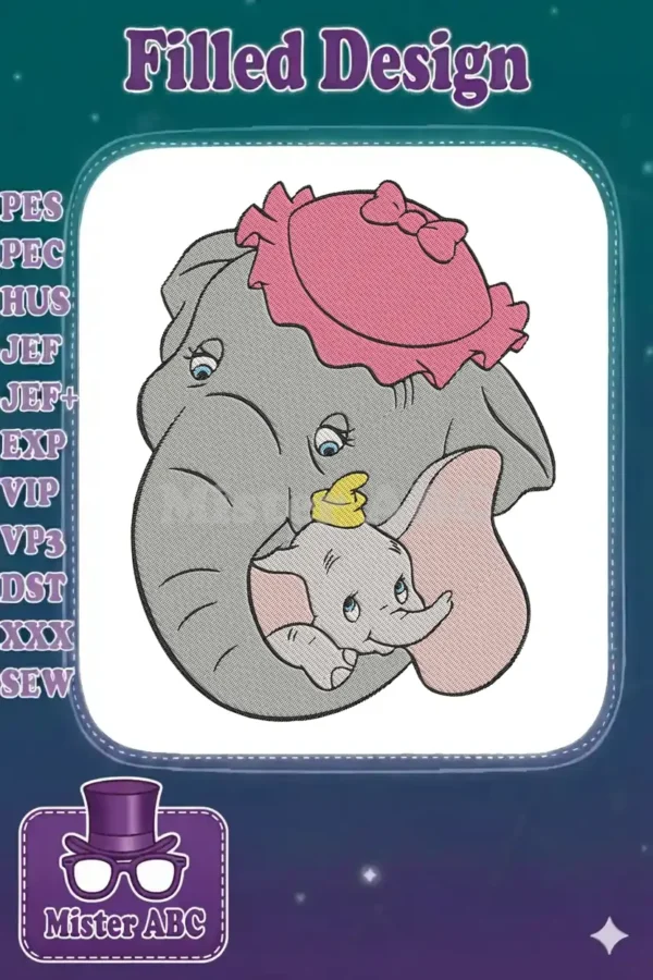 A heartwarming embroidery design of Mrs. Jumbo embracing a tiny Dumbo, both with expressive blue eyes and classic hats.