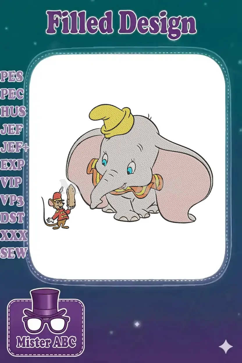 Detailed embroidery design of Disney's Dumbo the elephant and Timothy Q. Mouse, ready for your projects.